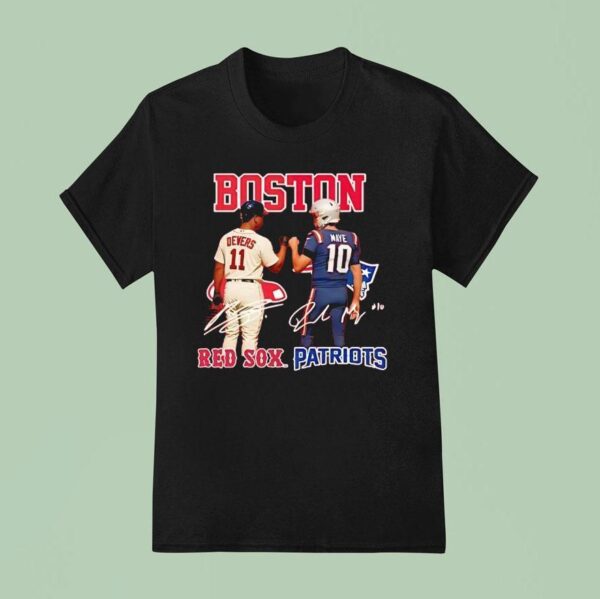 Boston City Skyline Devers Red Sox And Maye New England Patriots Signatures T Shirt