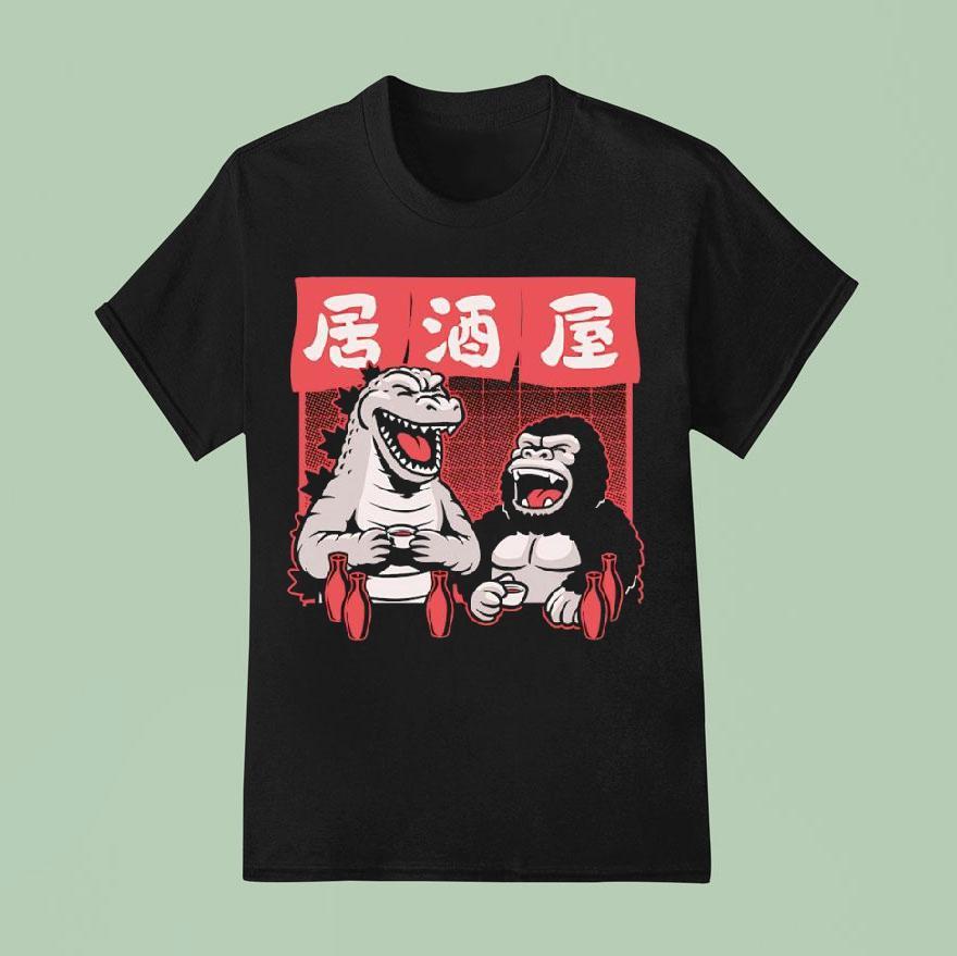 Godzilla And King Kong Enjoying Sake At The Bar T Shirt