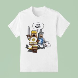 King Arthur And Sir Bedevere As Lego Minifigs Running Away From The Killer Rabbit Of Caerbannog T Shirt