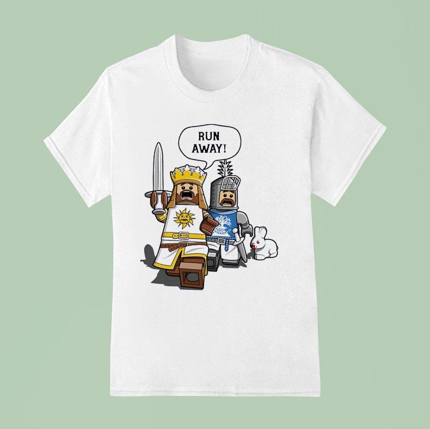 King Arthur And Sir Bedevere As Lego Minifigs Running Away From The Killer Rabbit Of Caerbannog T Shirt