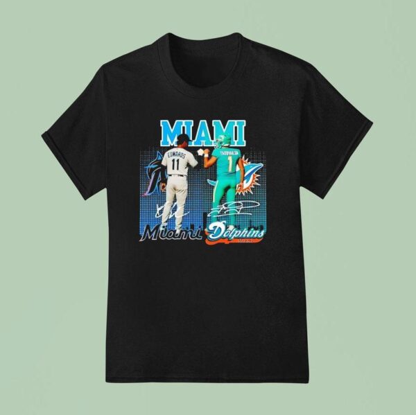 Miami City Skyline Edwards Miami Marlins And Tagovailoa Miami Dolphins Signatures T Shirt