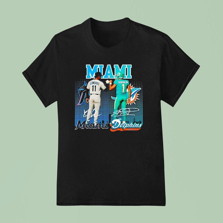Miami City Skyline Edwards Miami Marlins And Tagovailoa Miami Dolphins Signatures T Shirt