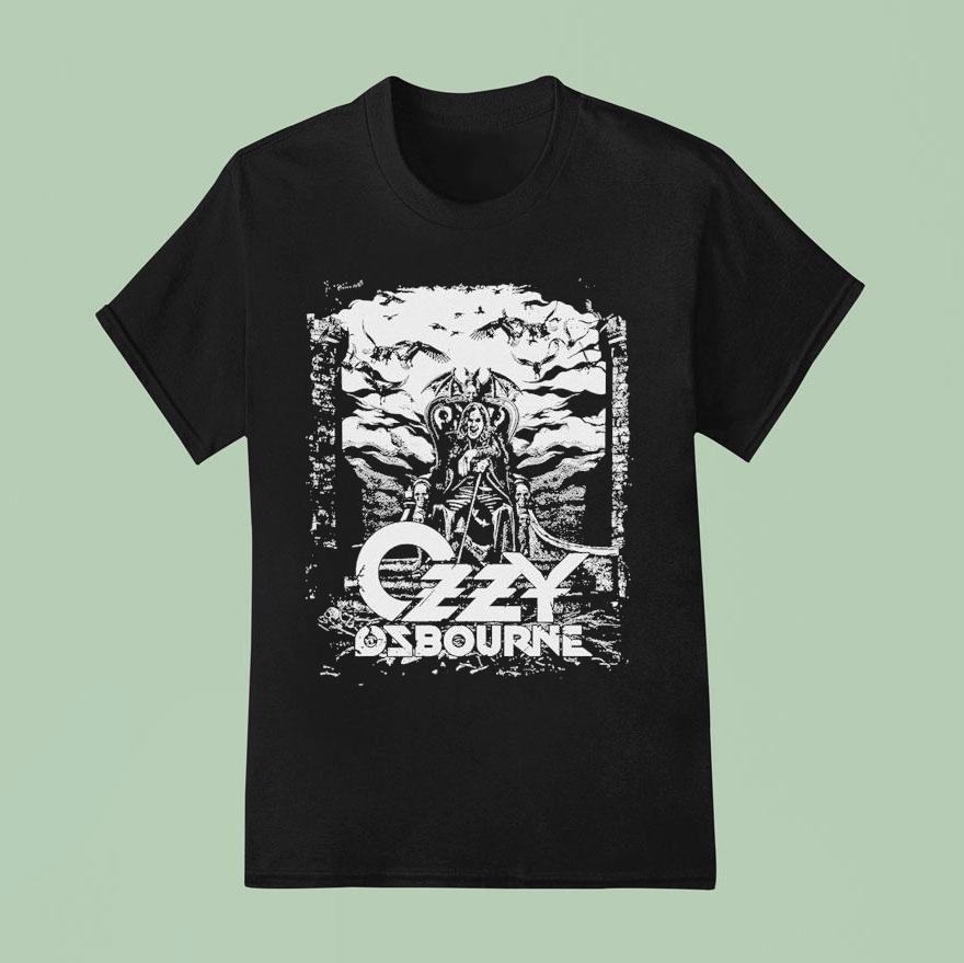 Ozzy Osbourne Scene With Bats On Gothic Background Dark Metal Throne T Shirt