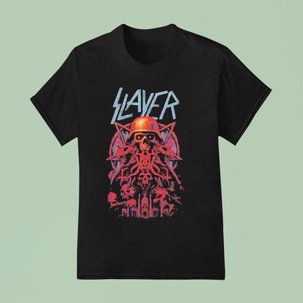 Slayer Farewell Tour A Skull With A Military Helmet Art Dates List Start On July In Cardiff Uk At Blackweir Fields T Shirt