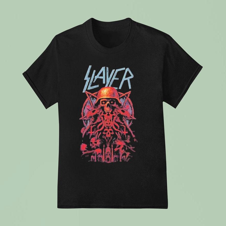 Slayer Farewell Tour A Skull With A Military Helmet Art Dates List Start On July In Cardiff Uk At Blackweir Fields T Shirt