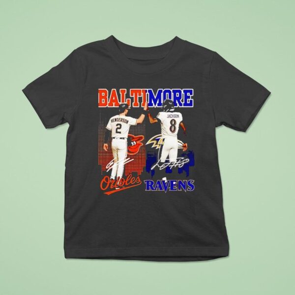 Baltimore City Skyline Henderson Baltimore Orioles And Jackson Ravens Signatures T Shirt