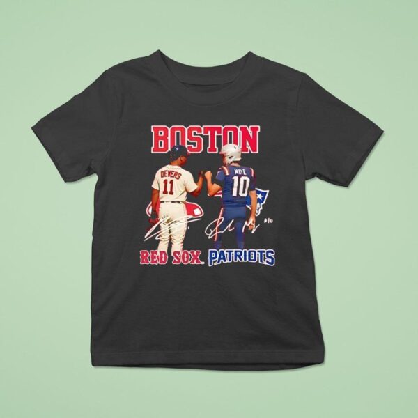 Boston City Skyline Devers Red Sox And Maye New England Patriots Signatures T Shirt