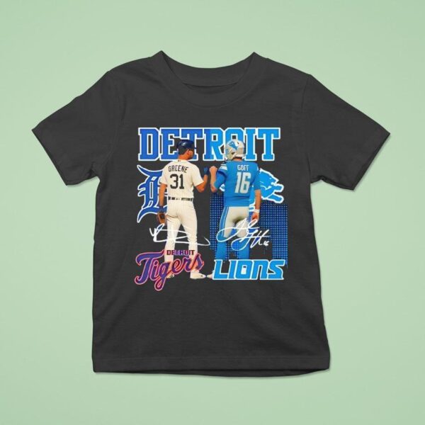 Detroit City Skyline Greene Detroit Tigers And Goff Detroit Lions Signatures T Shirt