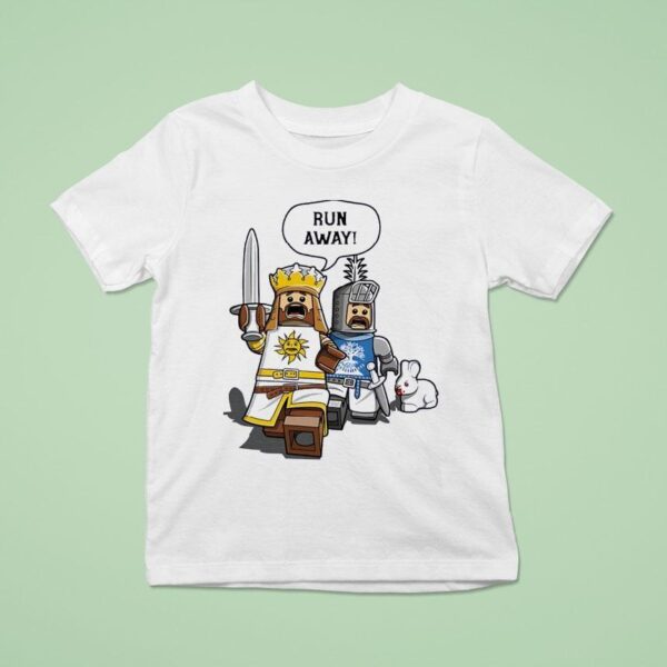 King Arthur And Sir Bedevere As Lego Minifigs Running Away From The Killer Rabbit Of Caerbannog T Shirt