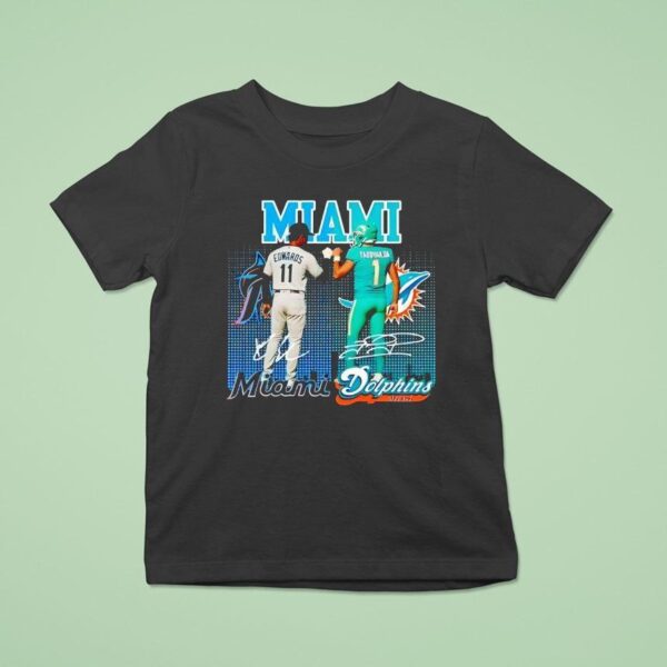 Miami City Skyline Edwards Miami Marlins And Tagovailoa Miami Dolphins Signatures T Shirt