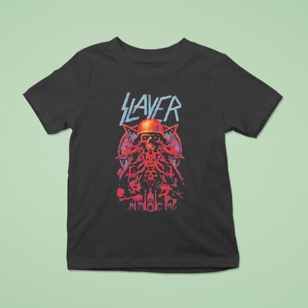 Slayer Farewell Tour A Skull With A Military Helmet Art Dates List Start On July In Cardiff Uk At Blackweir Fields T Shirt