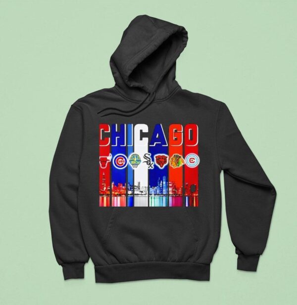Chicago City Skyline Chicago Bulls Cubs Sky White Sox Bears Blackhawks And Fire Fc Logos Hoodie