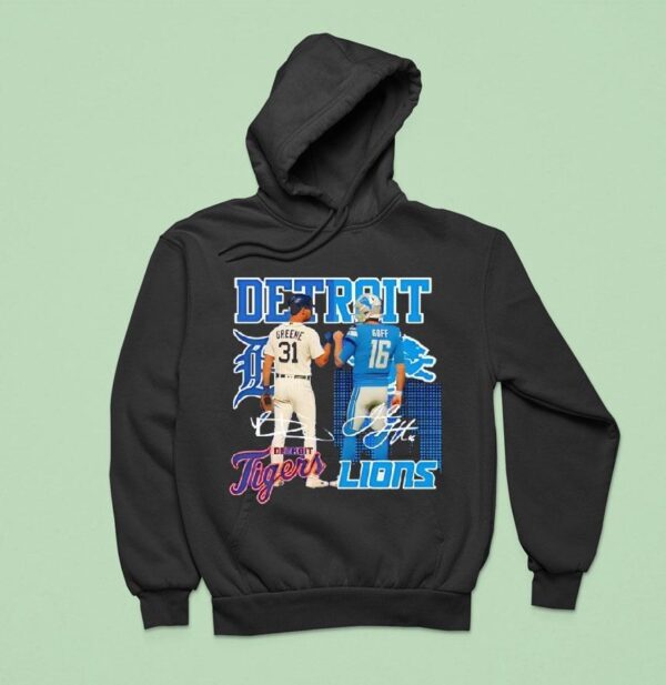 Detroit City Skyline Greene Detroit Tigers And Goff Detroit Lions Signatures Hoodie