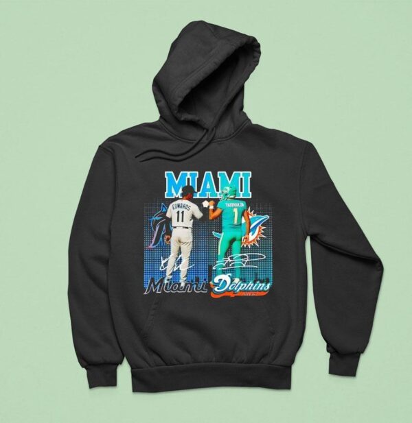 Miami City Skyline Edwards Miami Marlins And Tagovailoa Miami Dolphins Signatures Hoodie