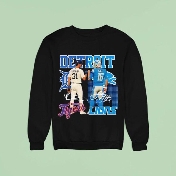 Detroit City Skyline Greene Detroit Tigers And Goff Detroit Lions Signatures Sweatshirt
