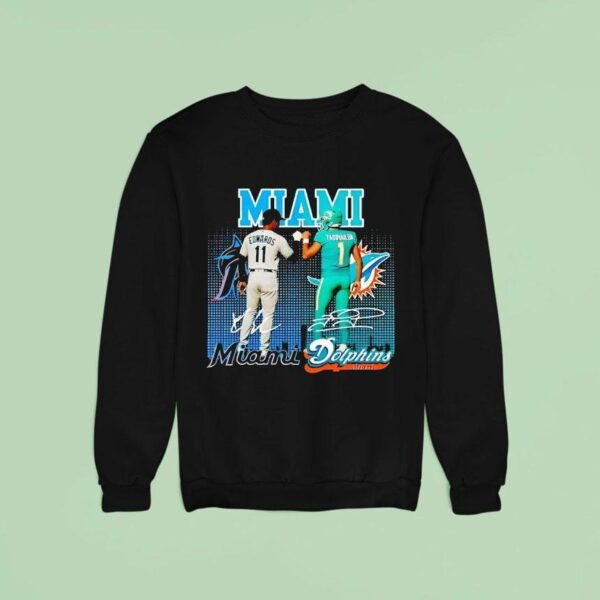 Miami City Skyline Edwards Miami Marlins And Tagovailoa Miami Dolphins Signatures Sweatshirt
