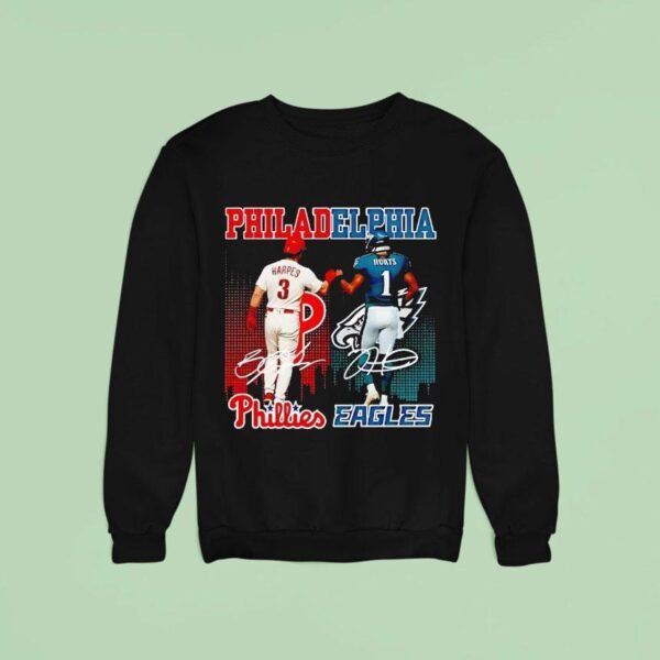 Philadelphia City Skyline Harpers Philadelphia Phillies And Hurts Philadelphia Eagles Signatures Sweatshirt