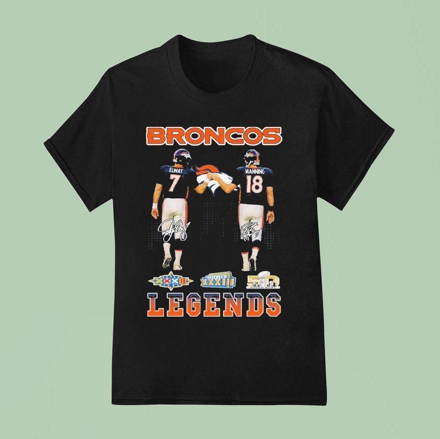 John Albert Elway Jr And Peyton Manning Denver Broncos Legends Skyline Signatures T Shirt