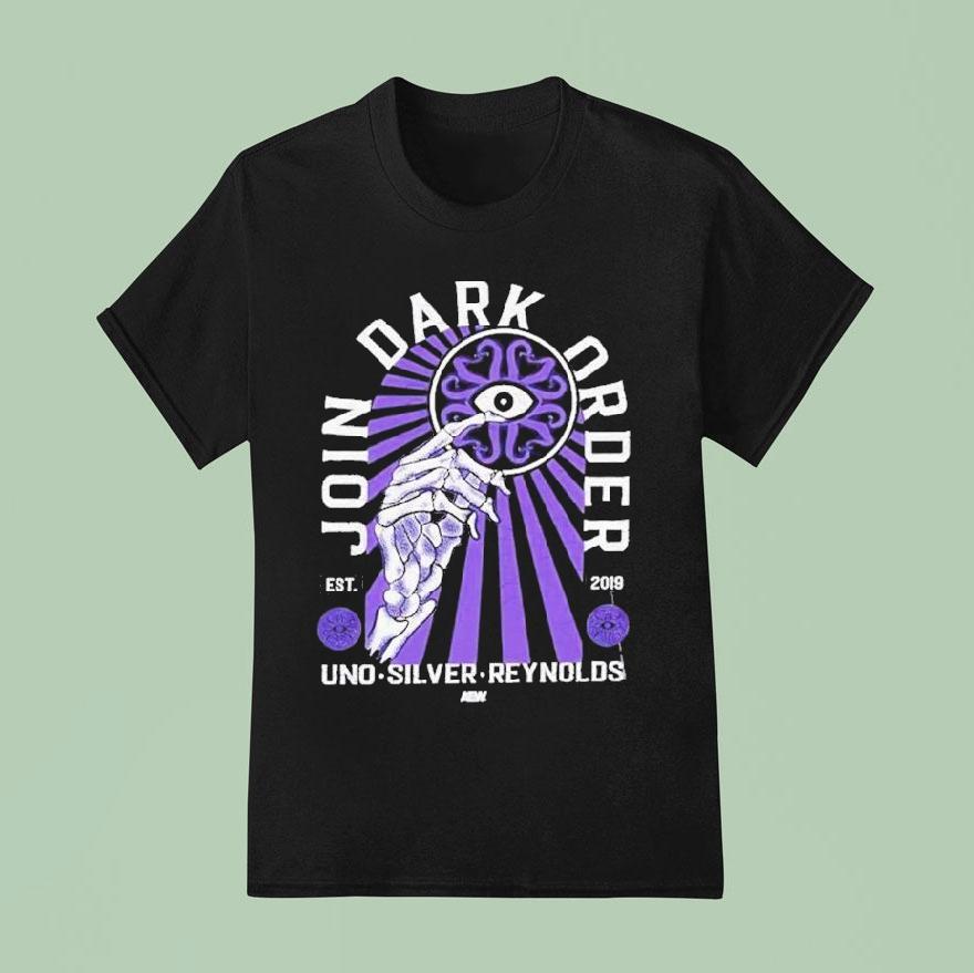 Join Dark Order John Silver And Alex Reynolds Uno Silver Reynolds Est Skeleton Hand T Shirt