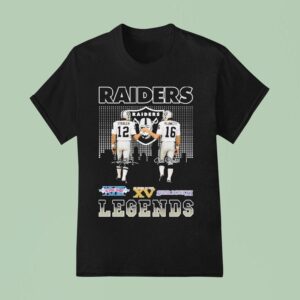 Ken Stabler And Jim Plunkett Las Vegas Raiders Legends Skyline Signatures T Shirt