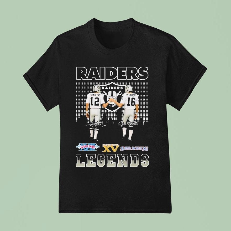 Ken Stabler And Jim Plunkett Las Vegas Raiders Legends Skyline Signatures T Shirt