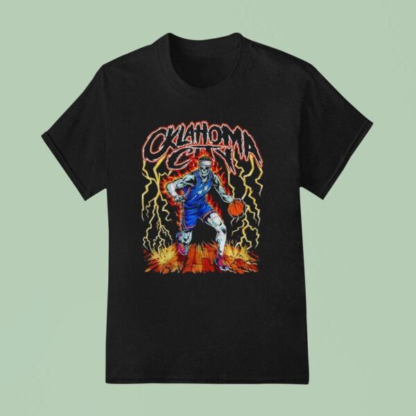 Oklahoma City Skeleton Dribbling Basketball On Burning Cour T Shirt