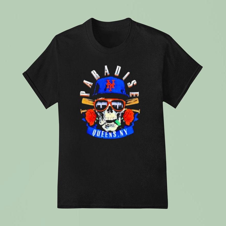 Paradise Queens Ny Baseball Skull Sunglasses Rose T Shirt