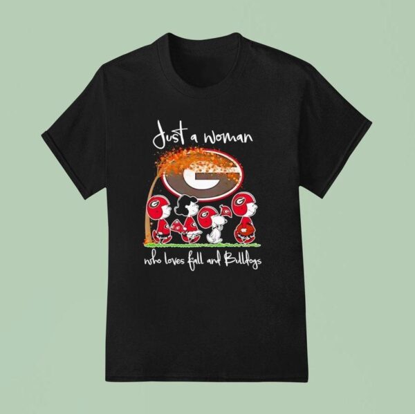 Peanuts Characters Georgia Bulldogs Just A Woman Who Loves Fall And Bulldogs T Shirt