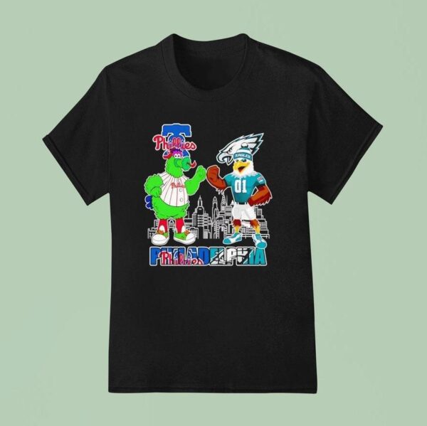 Philadelphia Phillies And Philadelphia Eagles Mascot Philadelphia City Skyline T Shirt
