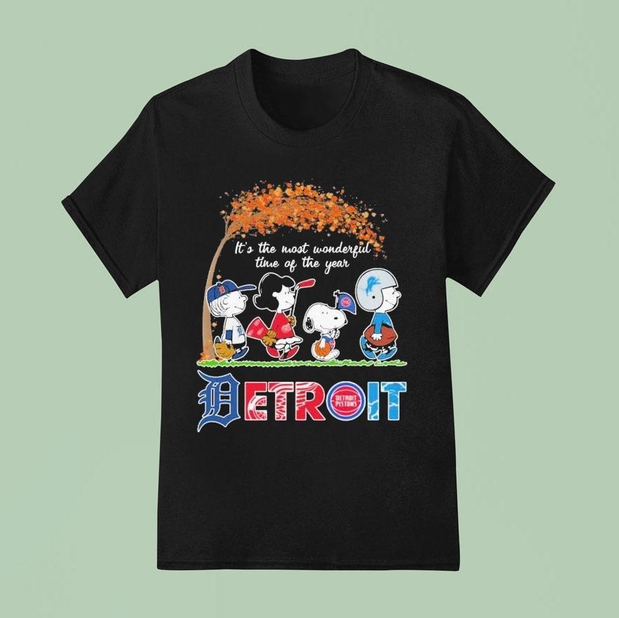 Snoopy And Friends The Peanuts It S The Most Wonderful Time Of The Year Detroit Tigers Red Wings Pistons Lions T Shirt