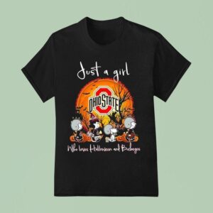 Snoopy Friends And The Peanuts Just A Girl Who Loves Halloween And Ohio State Buckeyes Halloween T Shirt