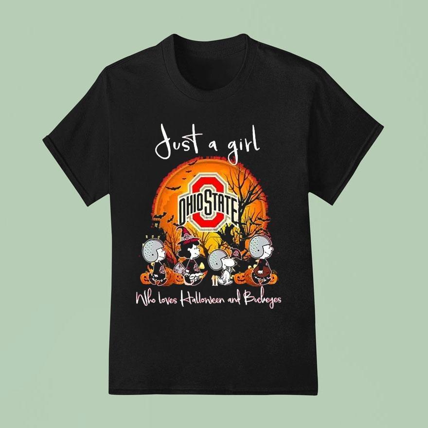 Snoopy Friends And The Peanuts Just A Girl Who Loves Halloween And Ohio State Buckeyes Halloween T Shirt