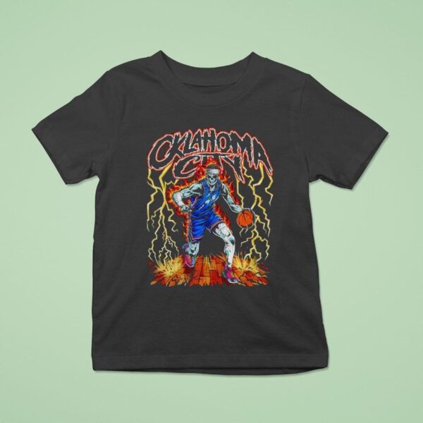 Oklahoma City Skeleton Dribbling Basketball On Burning Cour T Shirt