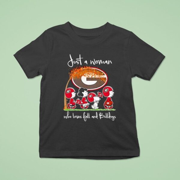 Peanuts Characters Georgia Bulldogs Just A Woman Who Loves Fall And Bulldogs T Shirt
