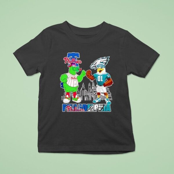 Philadelphia Phillies And Philadelphia Eagles Mascot Philadelphia City Skyline T Shirt