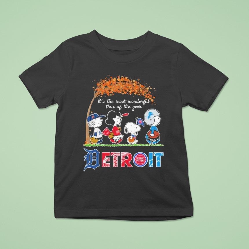 Snoopy And Friends The Peanuts It S The Most Wonderful Time Of The Year Detroit Tigers Red Wings Pistons Lions T Shirt Snoopy And Friends The Peanuts It S The Most Wonderful Time Of The Year Detroit Tigers Red Wings Pistons Lions T Shirt