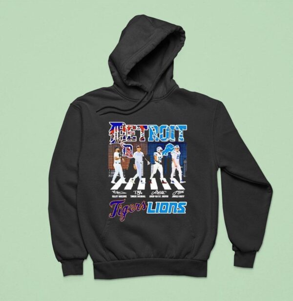 Detroit City Skyline Legends Walking Across Detroit Tigers And Detroit Lions Signatures Hoodie