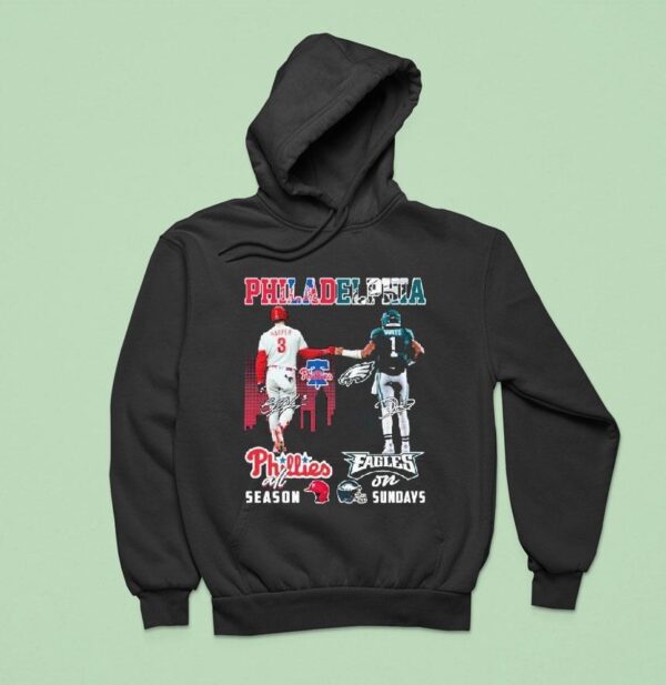 Jalen Hurts And Bryce Harper Philadelphia Eagles On Sundays Philadelphia Phillies All Season Signatures Hoodie