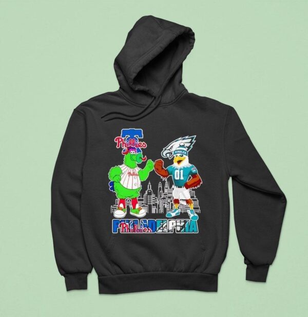 Philadelphia Phillies And Philadelphia Eagles Mascot Philadelphia City Skyline Hoodie