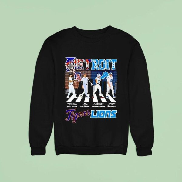 Detroit City Skyline Legends Walking Across Detroit Tigers And Detroit Lions Signatures Sweatshirt