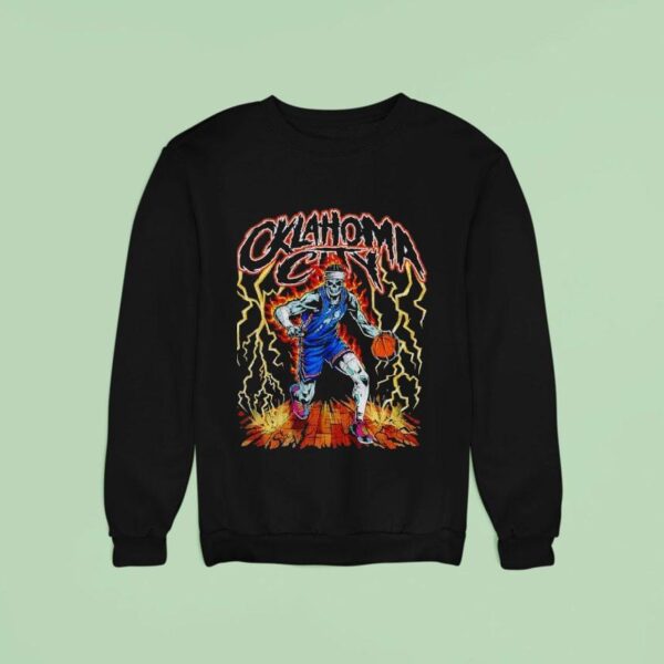 Oklahoma City Skeleton Dribbling Basketball On Burning Cour Sweatshirt