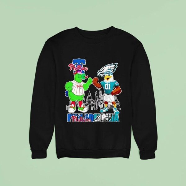 Philadelphia Phillies And Philadelphia Eagles Mascot Philadelphia City Skyline Sweatshirt