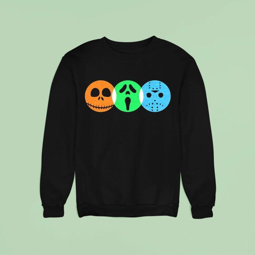 Skellington Ghostface And Voorhees Jason Masks Colors Halloween Sweatshirt Skellington Ghostface And Voorhees Jason Masks Colors Halloween Sweatshirt