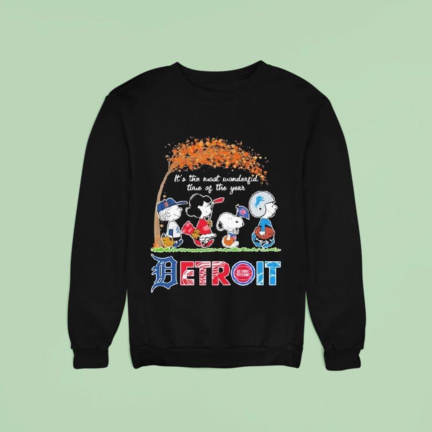 Snoopy And Friends The Peanuts It S The Most Wonderful Time Of The Year Detroit Tigers Red Wings Pistons Lions Sweatshirt Snoopy And Friends The Peanuts It S The Most Wonderful Time Of The Year Detroit Tigers Red Wings Pistons Lions Sweatshirt