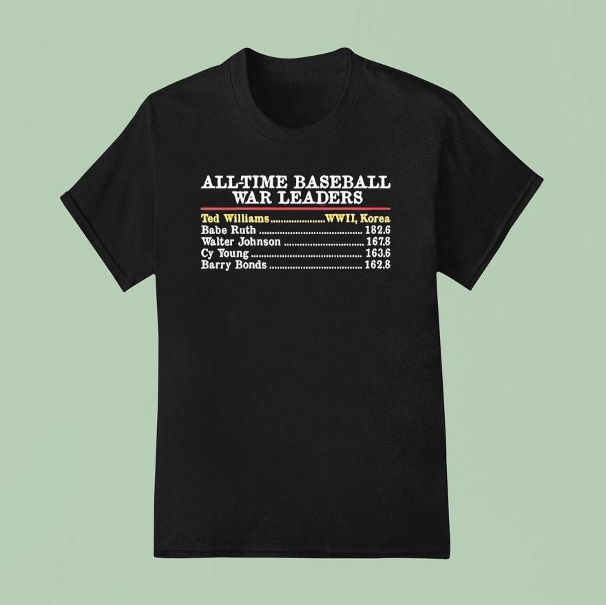 All Time Baseball War Leaders Ted Williams Boston Red Sox T Shirt