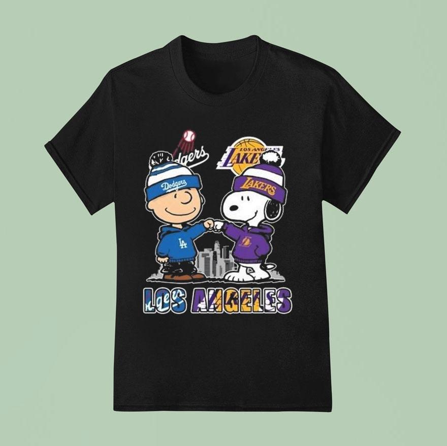 Charlie Brown Los Angeles Dodgers X Snoopy Los Angeles Lakers Skyline T Shirt