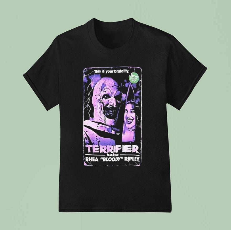 Clown And Rhea Bloody Ripley Terrifier Featuring Wwe Superstar Rhea Ripley T Shirt