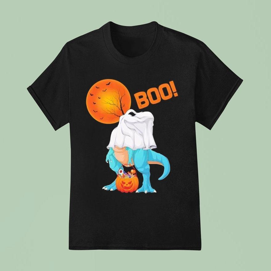 Ghost Dinosaur T Rex Funny Boo Halloween Boys Men Pumpkin T Shirt