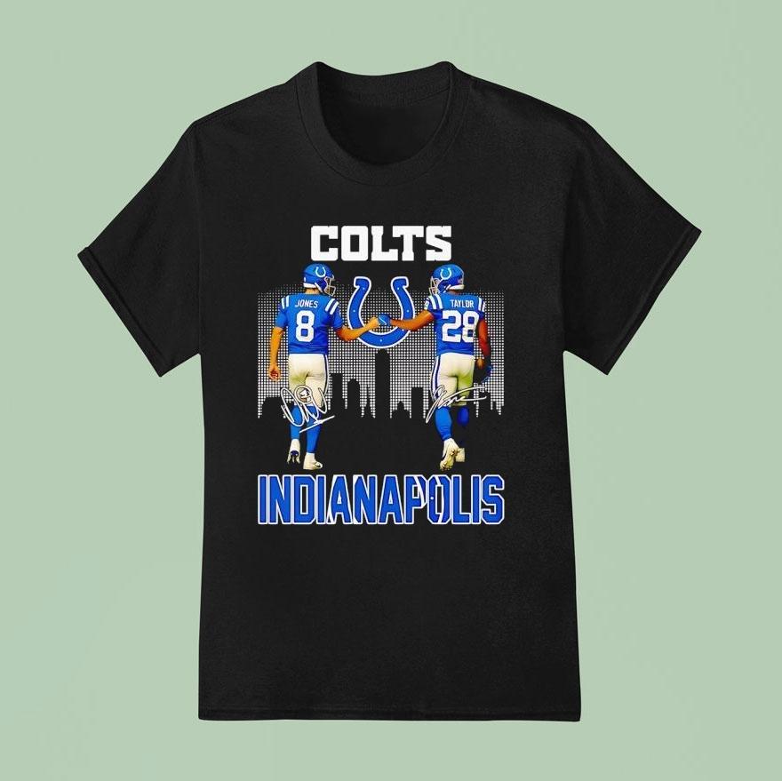 Jonathan Taylor And Daniel Jones Indianapolis Colts Football City Skyline Signature T Shirt