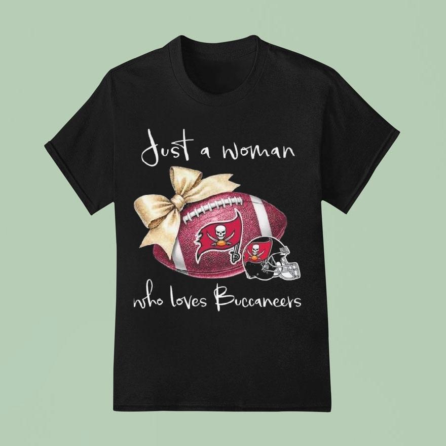 Just A Woman Who Loves Tampa Bay Buccaneers Pink Bow T Shirt